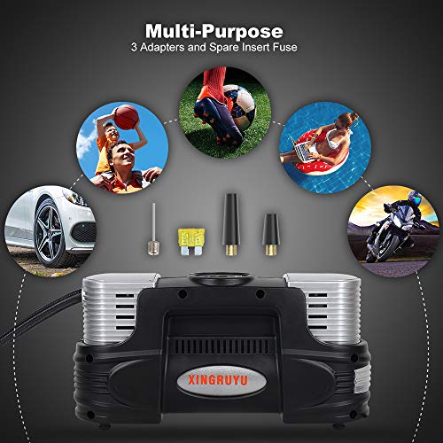 xingruyu Portable Air Compressor, Dual Cylinder Tire Inflator with Digital Gauge, 150Psi, 12V Air Pump for Car Tires with LED Light, Tire Pump with Overheating Protection, 3 Nozzles and Spare Fuse