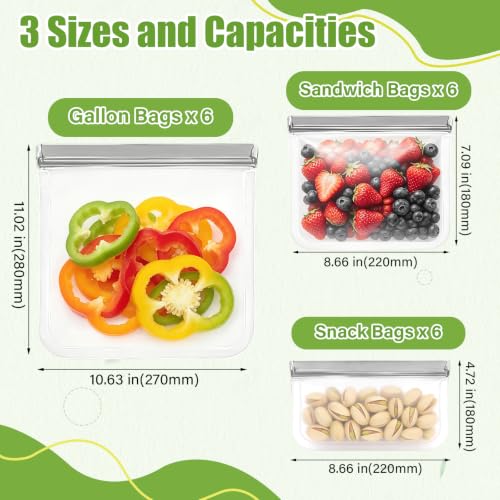 Image of 9 Pack Reusable Silicone Food Storage Bags - Freezer & Dishwasher Safe Leakproof Reusable Bags, Freezer Storage Bags Sets - 3 Gallon 3 Snack 3 Sandwich Bags