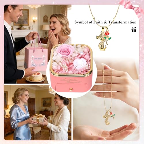 Preserved Pink Rose with Cross Necklace Eternal Rose Gift Set miniatura 5