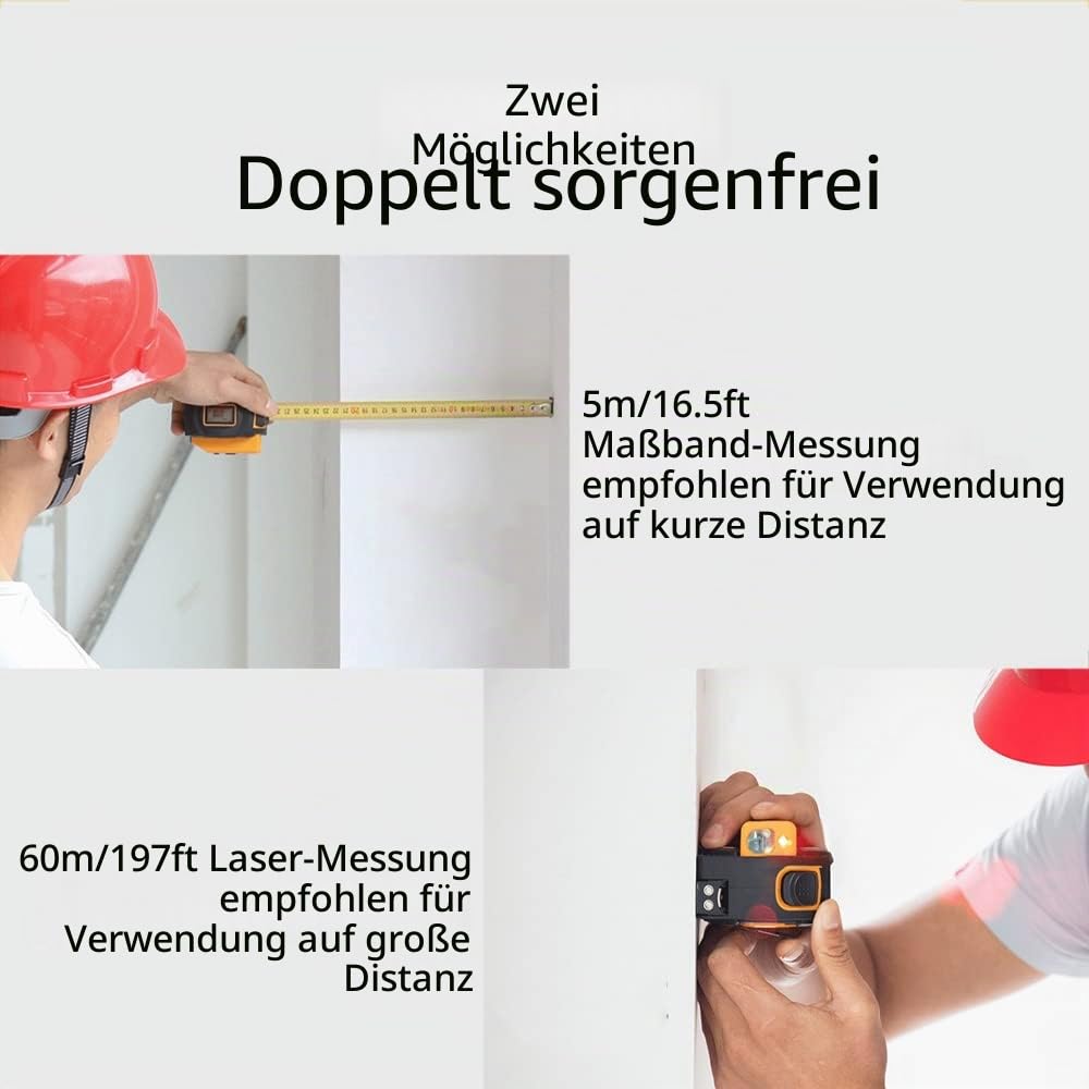 Laser Messgerät Massband, Digitales Laserdistanzmessgerät mit LCD -Display, Lasermessung 196 ft, Maßband 16 ft