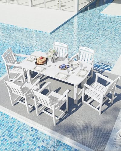 Image of Ciokea HDPE Outdoor Dining Table with Umbrella Hole,66 inch Rectangle Patio Table for 6,All-Weather Outdoor Patio Furniture Set for Garden Backyard,White