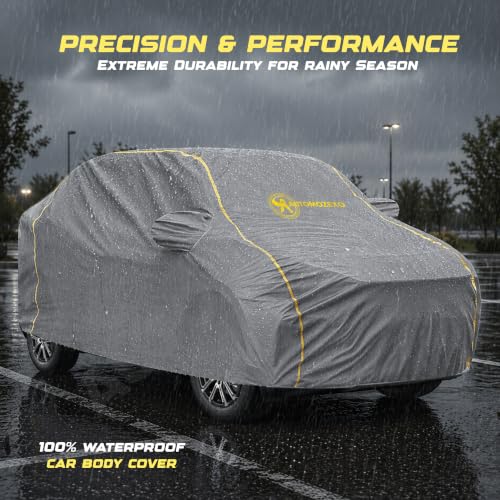 Image of Maruti WagonR Waterproof Car Cover with Mirror Pockets Triple Stitched Bottom Elastic Adjustable Belt & Cotton Inner Layer All Weather Protection Against Scratches Rain Dust UV Rays-Grey