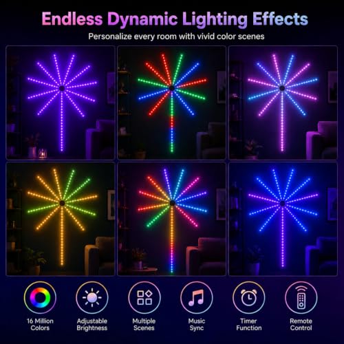 Image of MORIACC Smart Firework LED Lights, Color Changing Lights for Bedroom with Realistic Blooming Visuals, USB Powered Room Decor, App & Remote Control, Music Sync Strip Light for Party(11.8 inches)