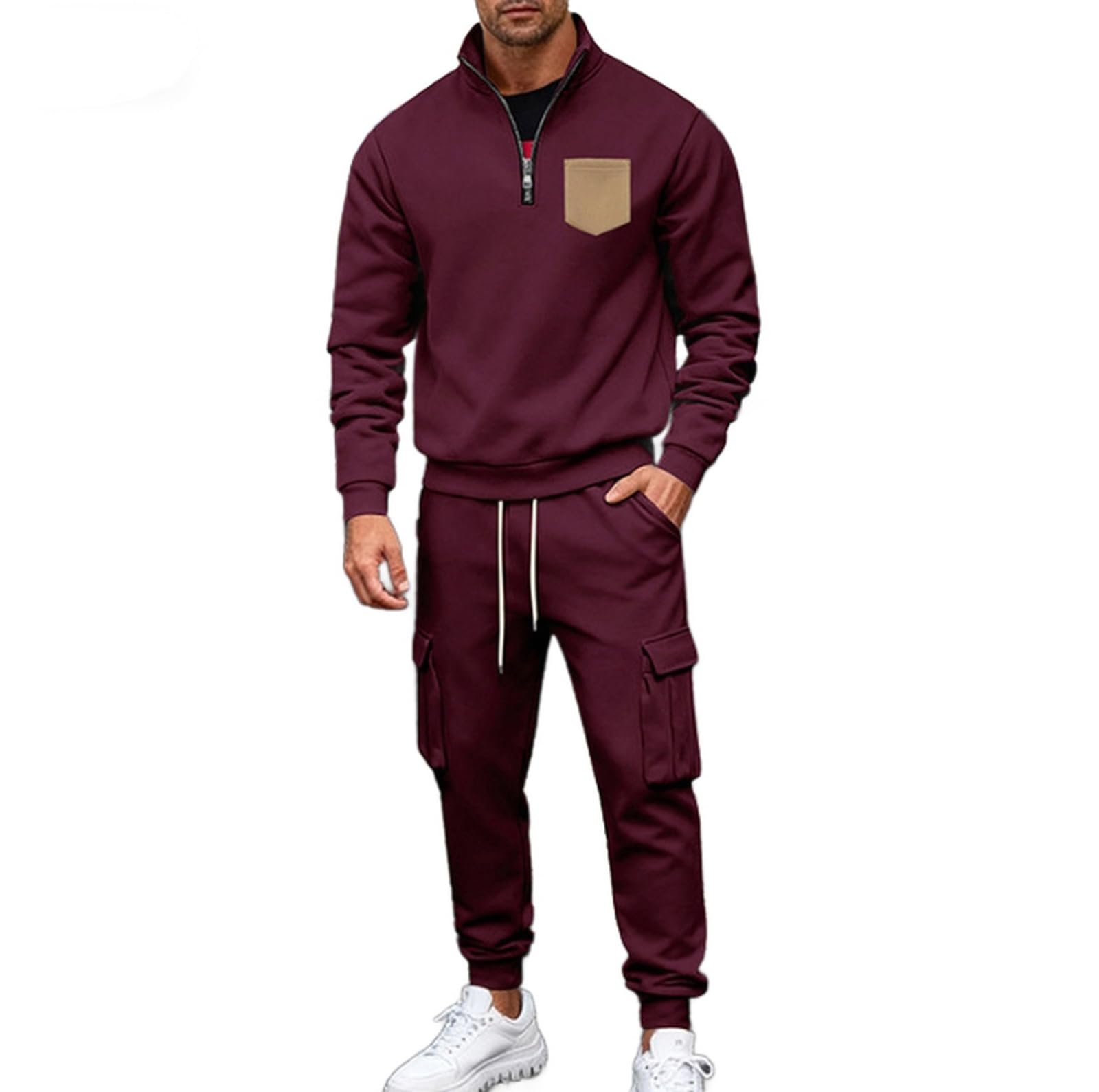 Generico Completo da Uomo con Fodera in Pile Felpa con Zip a Un Quarto Pullover e Pantaloni Completo da 2 Pezzi Tuta Autunnale