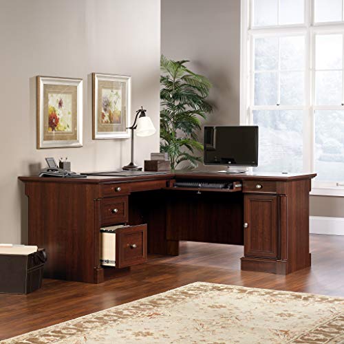 Image of Sauder Palladia L Shaped Desk with Drawers, Office Desk with File Cabinet Storage, Cable Management, Keyboard Tray, in Select Cherry finish