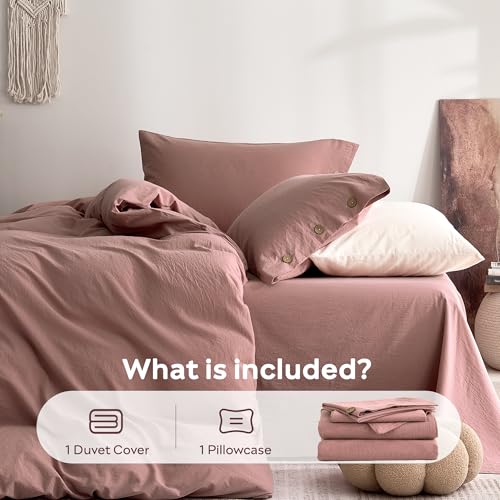Image of JELLYMONI 100% Washed Cotton Duvet Cover Twin - Soft, Breathable Linen-Look Bedding with Natural Wrinkle Texture, Button Closure, 2-Piece Set (Darker Rose, 68 inchx90 inch)