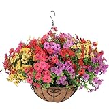 LetuoClips Artificial Hanging Basket Flower for Outdoor Decor, 1 Hanging Basket with 13 Realistic Eucalyptus Flowers for Porch, Balcony and Patio (Mixed)