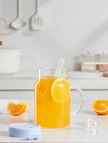 Miniatura 6 de Sweejar Vasos para beber con tapa de silicona y popote de vidrio, taza de vidrio con asa, taza de café helado, botella de agua de vidrio con pajita,