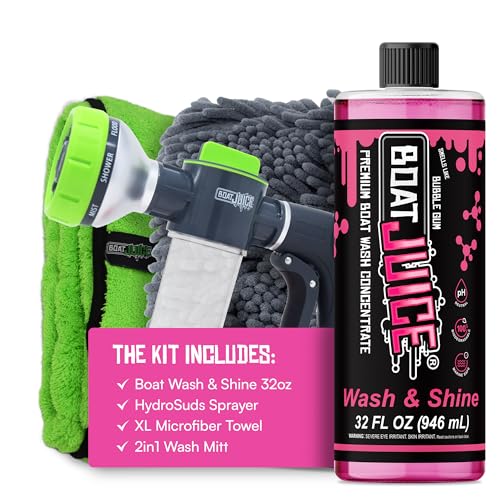 Boat Juice Boat Wash Kit | pH Neutral Soap Boat Cleaner | HydroSuds Sprayer 2in1 Wash Mitt XL Microfiber Towel | Bubble Gum Scent | Marine Detailing & Cleaning | Made in USA (32oz)