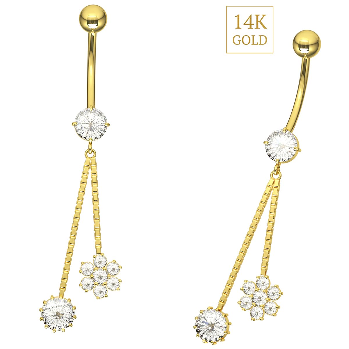 Piercing para ombligo de oro amarillo macizo de 14 quilates con circonita cúbica y colgante redondo en caja, joyería para ombligo de 14 quilates, calibre 14, 14 Gauge - 12mm Length,