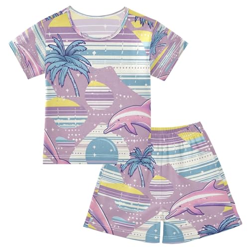 senya Short Sleeve Pajamas Sets Summer Cotton Sleepwear Pink Plam Tree with Jump Dolphin