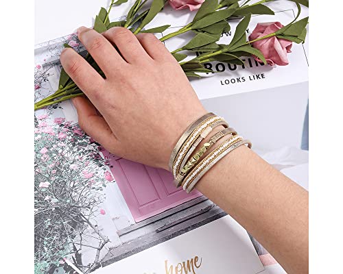 Image of Fesciory Leather Wrap Bracelets for Women, Boho Western Layered Jewelry | Layered leather cuff bracelets, Easy on and off, Boho western style, Daily wear, Gift for women