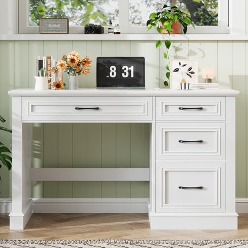 BonVache Schreibtisch mit Schubladen 120 cm, Landhausstil Computertisch mit Stauraum, Rustikaler Bürotisch aus Holz für Homeoffice, Schlafzimmer und Arbeitszimmer, Cremeweiß