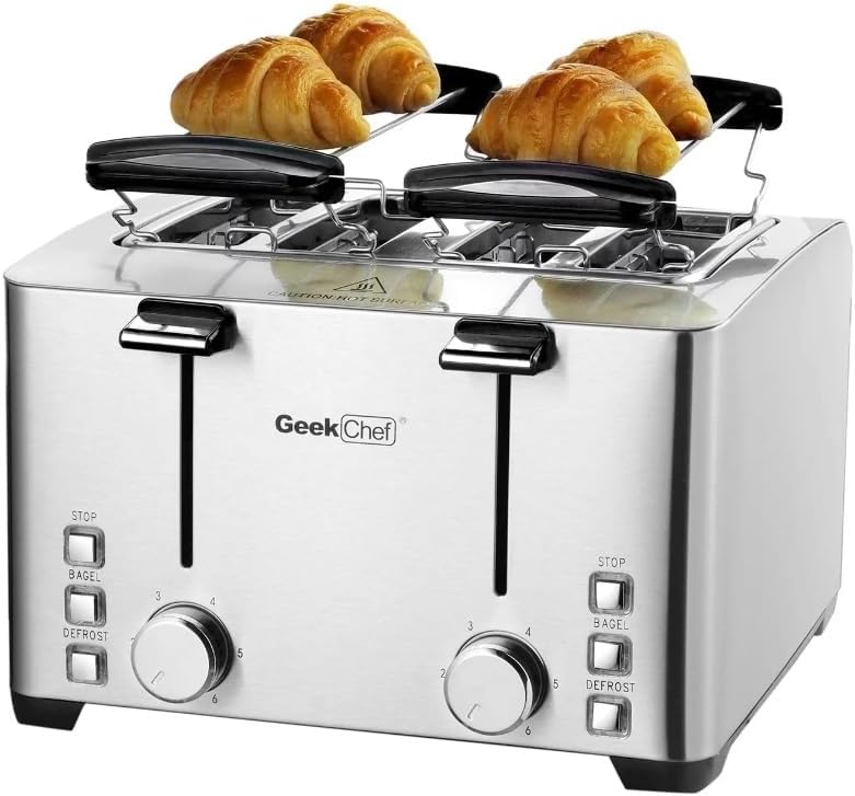 1500W Toaster 4Slice 4-Slot Bagel Croissant Waffles Donuts Defrost with Warming Rack Stainless Steel GTS4C