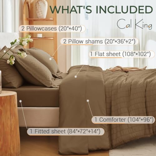 Image of MUXHOMO 7 Pieces California King Comforter Set, Seersucker Bed in a Bag Cal King Size, All Season Luxury Bedding Set with Comforter, Flat Sheet, Fitted Sheet, Pillowcases & Shams, Brown