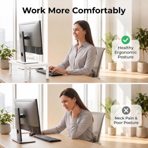 Image of OPNICE Adjustable Monitor Stand Riser for Desk, Wood Computer & Laptop Stand, Desk Organizers and Accessories, Office Desk Accessories & Workspace Organizer for Home Office Supplies, White