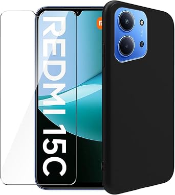 Case for Xiaomi Redmi 15C 4G + Glass Screen Protector Tempered Film - Transparent Silicone Soft Flexible Bumper Shockproof TPU Protective Cover Shell Black