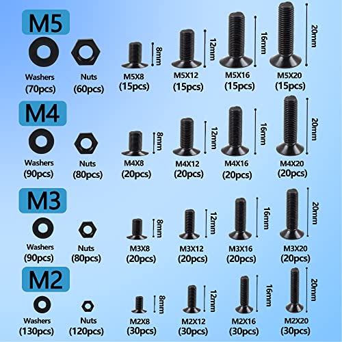 Image of newlng M2 M3 M4 M5 Screws Assortment Kit 1065pcs Bolts and Nuts Washers Sets 10.9 Carbon Steel Metric Black Flat Head Socket Head Countersunk Head Machine Screw Bolt with Spanner for Home Industrial