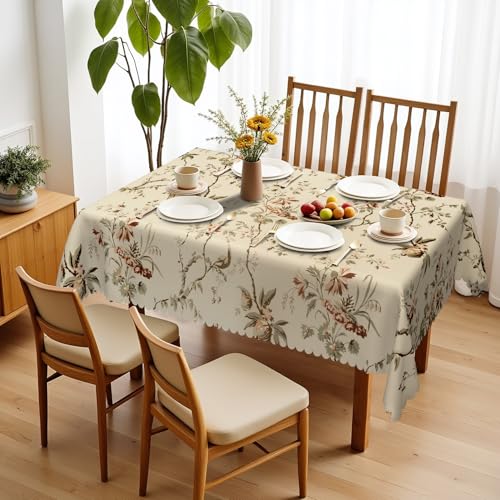 Xiazhilaio Spring Boho Farmhouse Vintage Floral Botanical Polyester Rectangle Tablecloth Table Cloth Waterproof Wipeable Wrinkle Free Oblong Tablecloth for Kitchen Dining Patio, 60 x 84 Inch, Beige