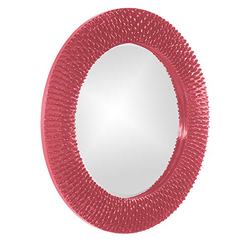 Image of Howard Elliott Collection Bergman Round Wall Mirror, Textured Ribbed Frame, Decorative Accent Mirror for Entryway, Bathroom or Bedroom, Ready to Hang, 32H x 32W x 1D, Glossy Hot Pink