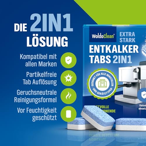 WoldoClean 2in1 Entkalkungstabletten für Kaffeevollautomaten - 2-Phasen Entkalker gegen Kalk & Korrosion, einzeln verpackt, 14 x 16g