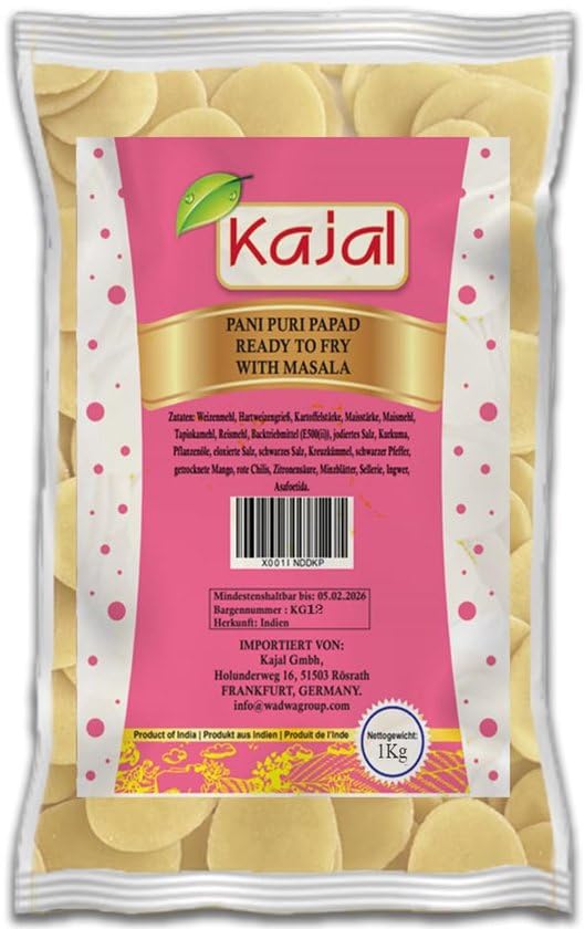 Pani Puri Golgappa para freír 1000 g – Snack de comida callejera india | Higiénico, crujiente y delicioso | Con Masala Fresh Papad | Golgappa Puchka listo para freír con adhesivo Kajal