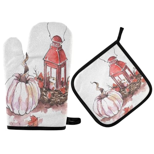2 pezzi Presine E Guanti Da Forno Autumn Pumpkin Lamp Watercolor Pink Fall Guanti Da Cucina Antiscivolo Guanti Da Barbecue Per Microonde, Cucina, Cottura Al Forno