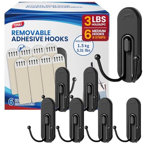 Image of TAILI Adhesive Double Hooks for Hanging, 6 Coat Hooks & 8 Strips, Black | Hold Up to 3.3 LBS, Heavy Duty No-Drill Removable Large Wall Hanger for Towel, Backpack, Hat, Door,Kitchen Home Decor,
