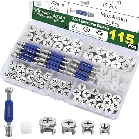 Tanbupu 115Pcs Cam Locks for Furniture, 3-in-1 Eccentric Wheels Bolt, Cam Lock Nuts and Cam Screws,Connecting Fastener Cabinet Connectors Hardware,Multi-Size Nut & Bolt Assortment Sets Cover