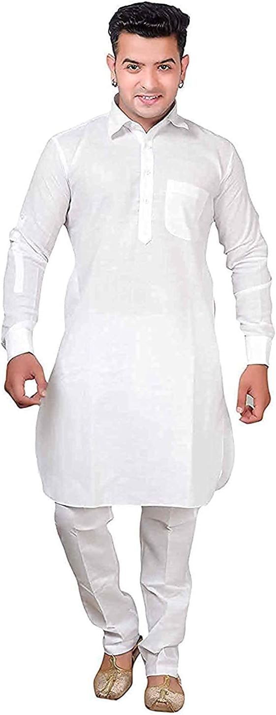 Mens Linen Cotton Classic Collar Pathani Suit Set
