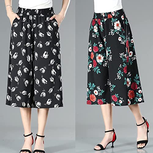OWTERY Culottes for Women - Gaucho Pants for Women Wide Leg Chiffon Culottes Knee Length with High Elasticated Waist (C)3