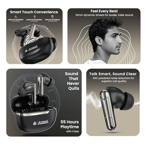 Image of AROMA TWS7 Star V5.4 Upto 60Hr Playtime*, ENC, Dual Paring, Fast Charging, Heavy Bass Bluetooth