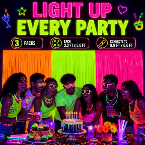 Image of 3 Pack Glow in the Dark Party Supplies, Foil Fringe Curtains, 9.9 x 6.6 ft | Neon party decorations and glow party backdrop for blacklight birthday parties, photo booths, graduations and dance parties