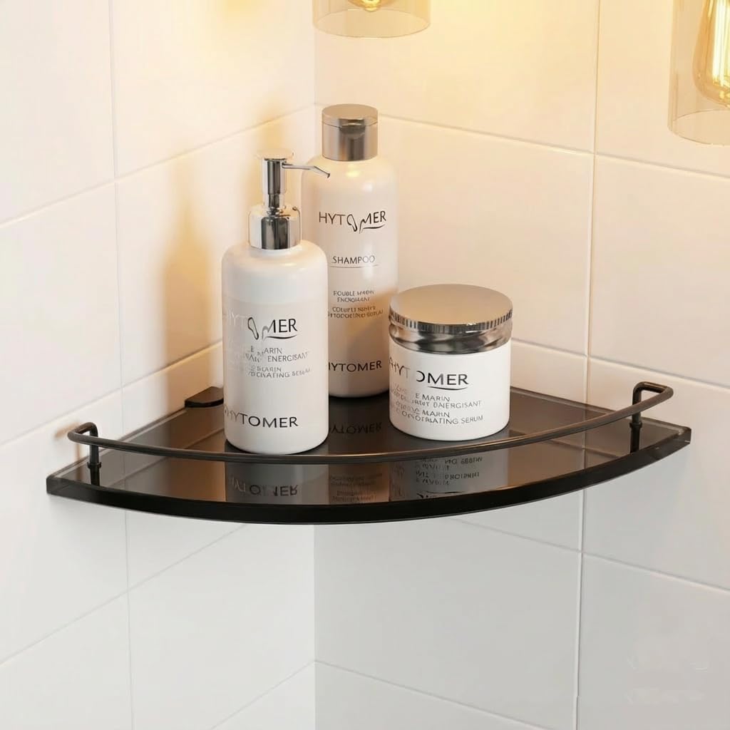 Black Glass Corner Shower Shelves for Bathroom, 8MM Thick Tempered Glass Floating Shelves for Wall with 304 Stainless Steel Rail (1Pack)