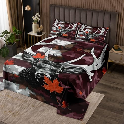 Homewish Deer Antler Bedspread for Kids Boys,Wildlife Darn Red Camo Print Coverlet Set Bedroom Decor Soft Quilted,American Flag Orange Maple Leaves Quilt Set with 1 Pillow Sham, Twin Size