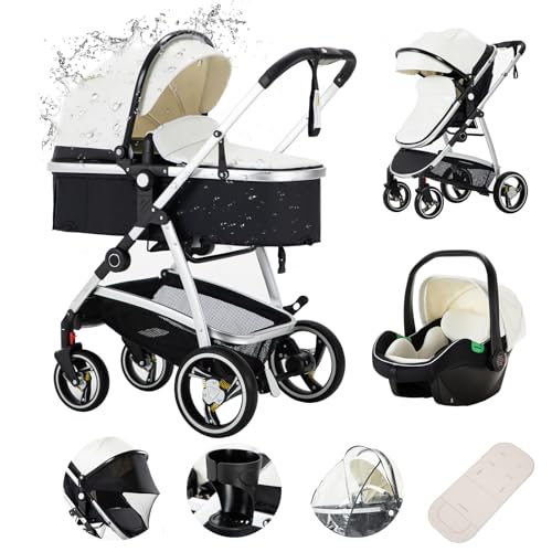 Zkiprm Carrito Bebe 3 en 1, Carrito Bebe Plegable con un Solo Toque, Carro Bebe con Asiento de Coche y Gran Cesta Para Dormir, Carro Bebe 3 Piezas Para Todas Las Estaciones Blanco