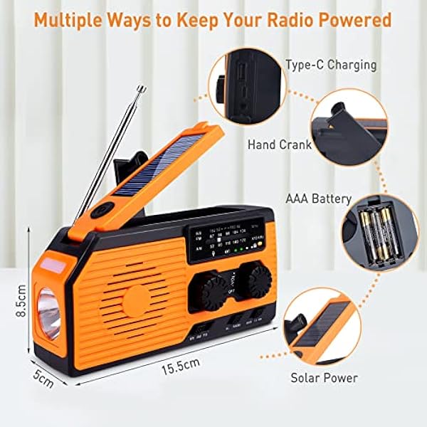 UniPlus Radio di Emergenza con Ricarica Solare, Manovella,Batteria da 5000 mAh, Caricatore di Tipo C con Torcia, Lampada da Lettura, Allarme SOS e AM/FM per la Sopravvivenza ai Disastri