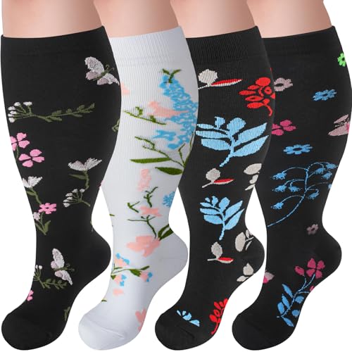 Image of 4 Pairs Plus Size Compression Socks,Extra Wide Calf 20-30 mmHg Knee High Compression Socks for Men Women Circulation