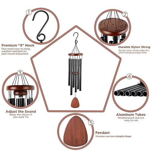 Large Aluminum Wind Chimes for Zen Atmosphere, Suitable for Indoor, Outdoor, Garden, Balcony, Lawn, Hall, roof, Courtyard Decoration, with Wind Catcher, Classic Black, a Best Unisex Gift - Thumbnail 7