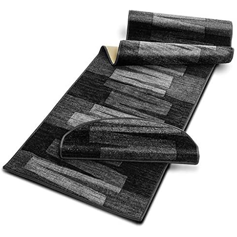 casa pura Stufenmatten Via Veneto mit Pinselstrich Design 15 Stück Spar Set Treppen-Teppich | 65 x 23,5cm, halbrund, sauber eingekettelt, Starke Befestigung, stabile Winkelschiene/Farbe Schwarz Cover