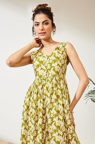 Image of Janasya Women's Olive Green Pure Cotton Floral Printed A-line Dress