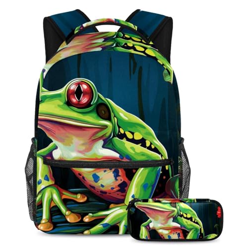 Sac à dos grenouille verte amusante avec trousse pour l'école et le voyage
