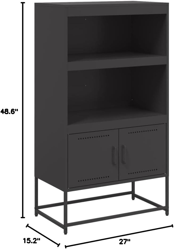 Highboard Black Steel 27.0x15.2x48.6 in Rectangular Storage Cabinet with Metal Shelves, Modern Matte Black Finish for Living Room Bedroom, Industrial Design Durable Build