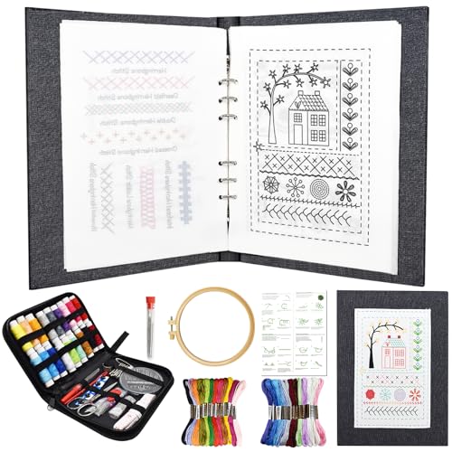 Yiomxhi Livre de Points de Broderie Créatif, Kit de Broderie Portable avec Fil à Broder Cadre Aiguilles à Coudre Guide de Couture, Embroidery Stitch Book pour Adulte...