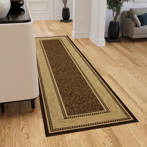 Ottomanson Ottohome Collection - Alfombra de Goma con diseño de Borde contemporáneo, 2'7' x 9'10', Color marrón