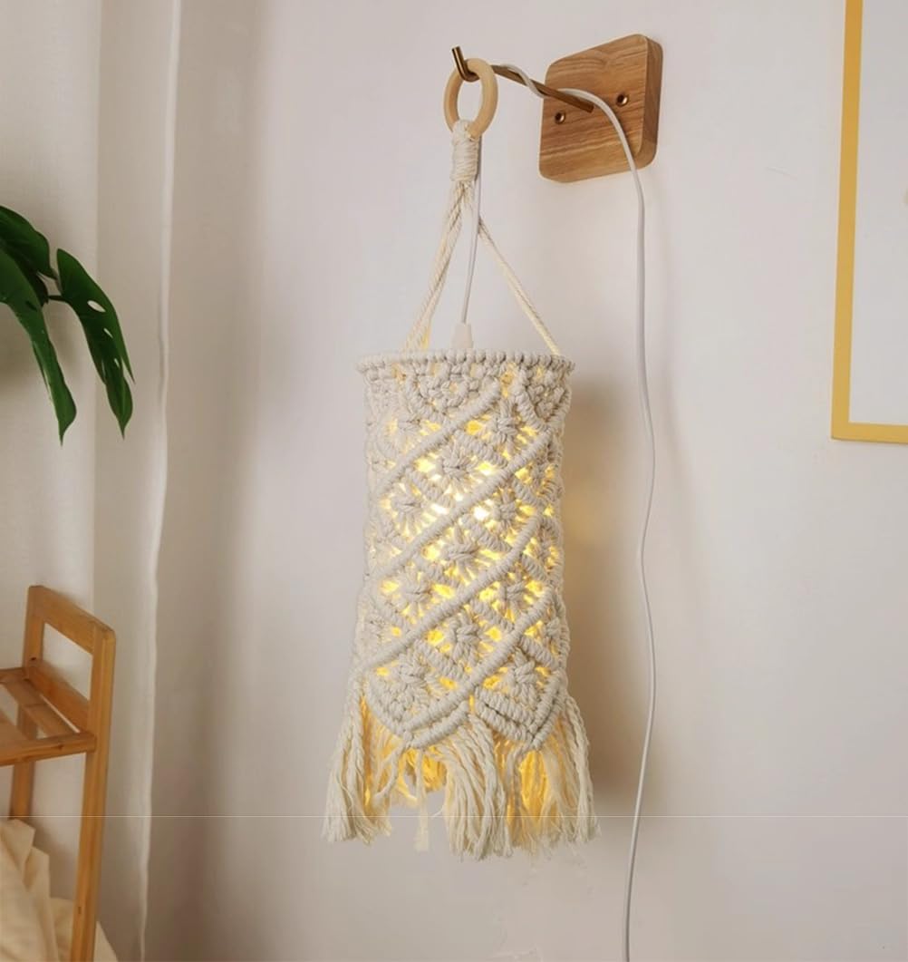 EaEa Vintage Boho Wandleuchte mit Schalter, E27 Innen Wandlampe mit 3m Kabel Stecker, Wand Nachttischlampe mit Seil Lampenschirm Weiß, Holz Rustikal Wandbeleuchtung für Schlafzimmer Wohnzimmer Flur