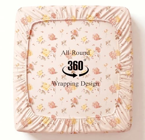 Image of HOMEKART Cotton Contrast Fitted Bedsheet for King Size Bed 72x72+10 Inch with 2 Pillow Covers 17x27 Inch | All Round Elastic | TC 144 Soft, Breathable Floral Printed Bedsheet (Rose Aura)