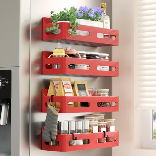 Image of Sevenblue 4-Pack Magnetic Spice Rack for Refrigerator with Hooks, Red