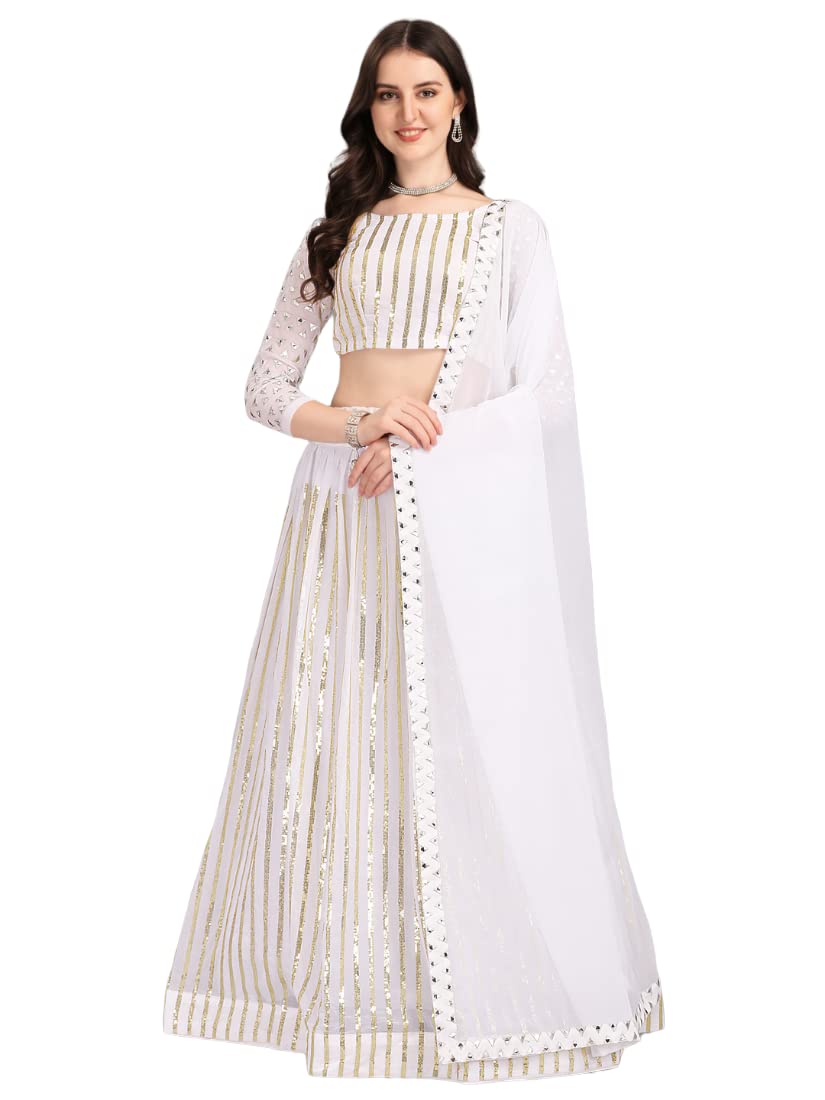 EthnicYard Women's Gerogette Semi Stitched White Lehenga Choli, White, One Size