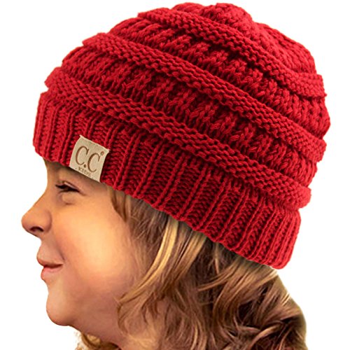 Kids Ages 2-7 Warm Chunky Thick Stretchy Knit Slouch Beanie Skull Hat Red3
